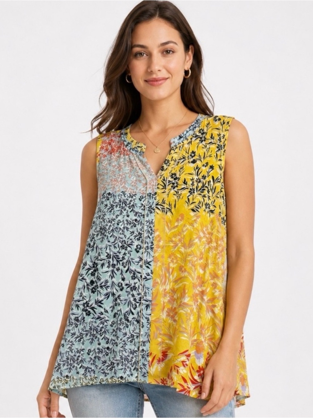 Cabi Golden Glow Sleeveless Mixed-Print V-Neck Top in Yellow & Light Blue
